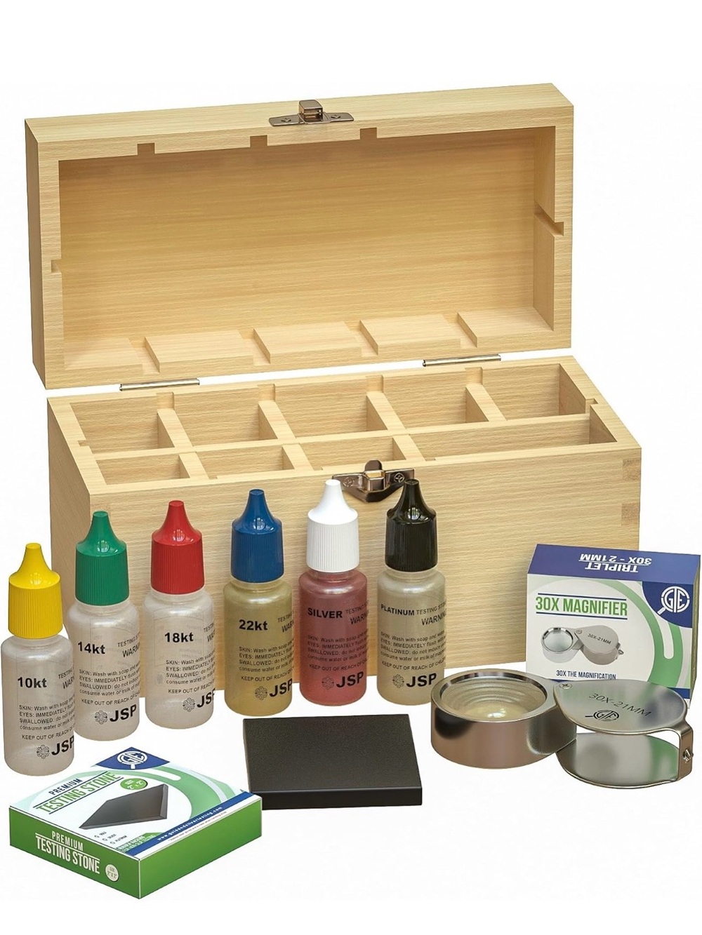 Precious Metals Jewelry Testing Kit 6 Acid Solutions 30X Loupe, Test Stone & Box